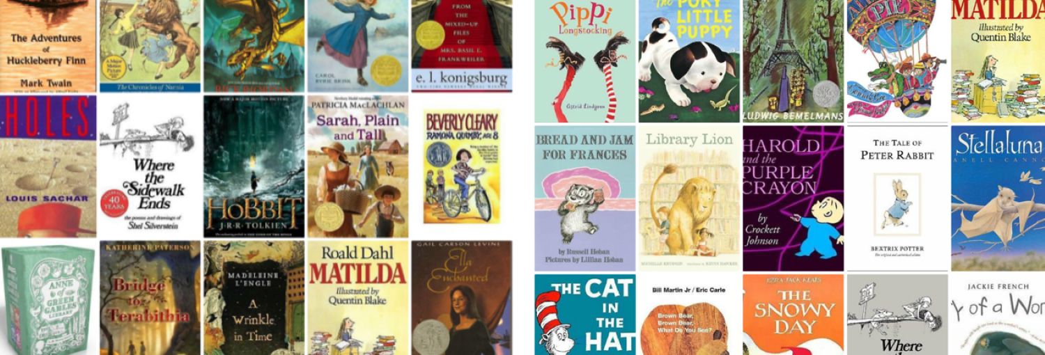 Grid layout displays dozens of classic children's book covers, including popular titles such as Holes, Matilda, The Hobbit, Where the Sidewalk Ends, and The Cat in the Hat.
